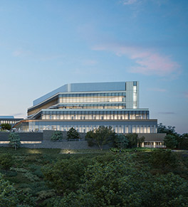 An architectural rendering of the Chao Family Comprehensive Cancer Center and Ambulatory Care building, viewed from the San Joaquin Marsh Reserve at dusk