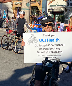 Linda Kiel finishes the 2023 Tour de Palm Springs with a shoutout to her UCI Health doctors.