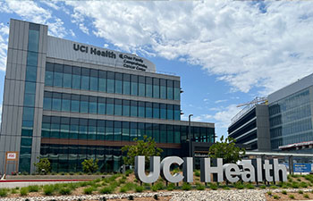 A photo showing the outside of the new Chao Family Comprehensive Cancer Center and Ambulatory Care building in Irvine.