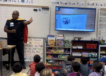 uci health los alamitos director of plant operations santiago chambers talking to children about earthquake preparedness and safety