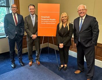 From left, Randolph P. Siwabessy, Steven M. Fontaine, Stephanie Daubert and Michael D. Busch participate in Vizient’s policy briefing, “Hospitals’ Financial Health: The Complex Ecosystem of Provider Reimbursement” at the Rayburn House Office Building May 14, 2025.