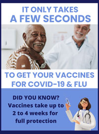 poster saying it only takes a few seconds to get your vaccines for covid 19 and flu