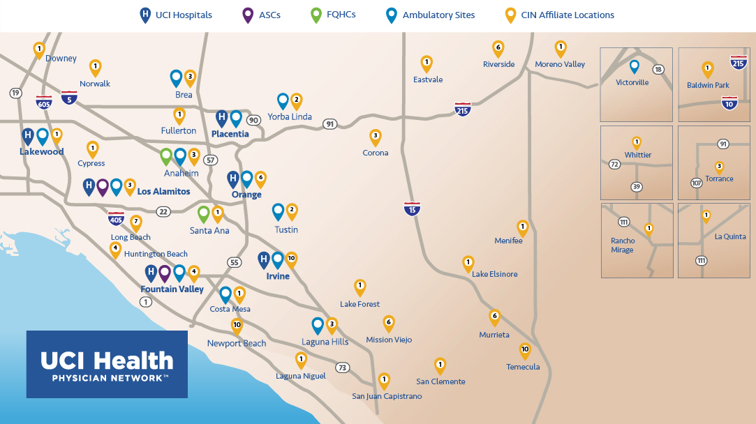 A map of Orange County displaying UCI Health affiliates